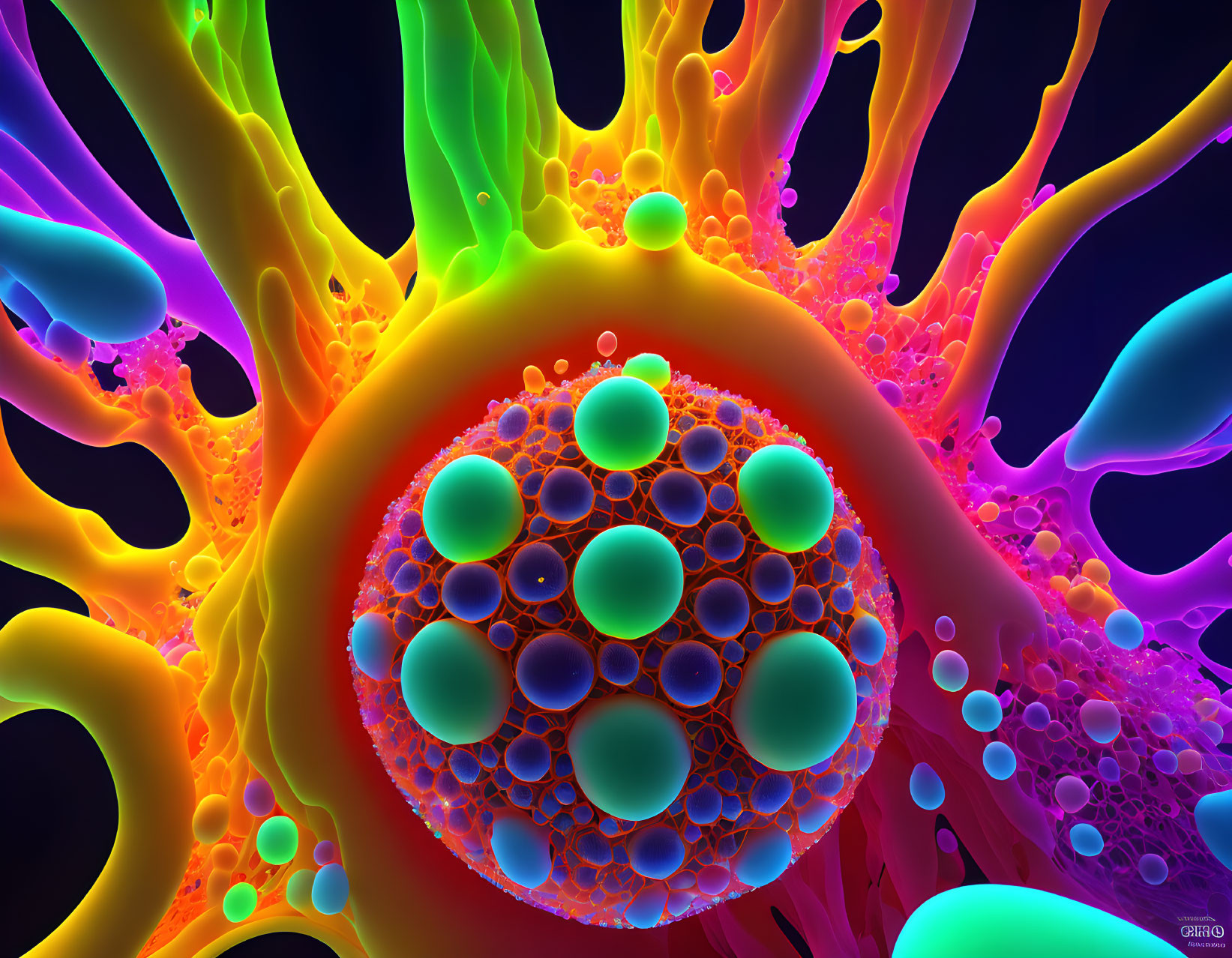 Colorful digital illustration of cellular structures with blue and green bubbles and orange and pink tendrils.