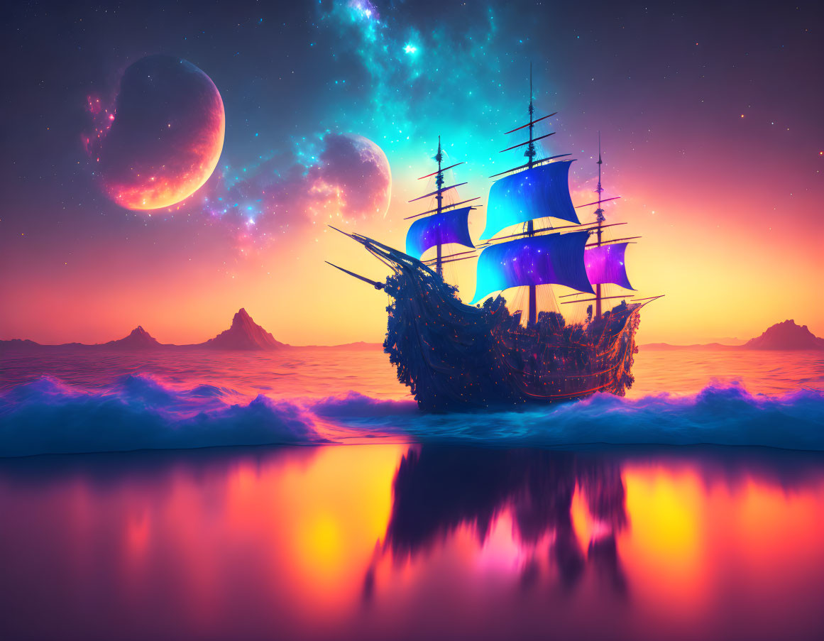 Sailing ship at sunset with vibrant purple sails, two moons, starry sky.