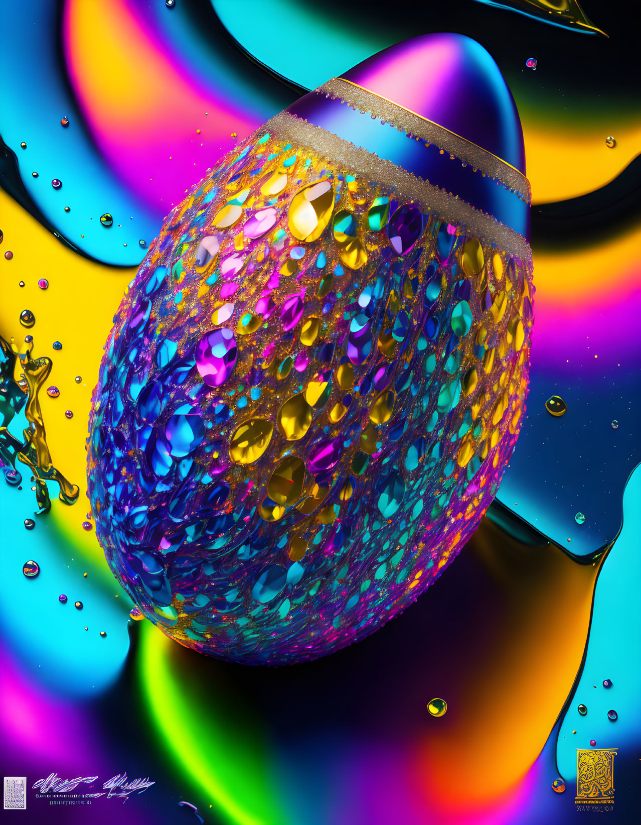 Vibrant digital artwork of textured egg with water droplets