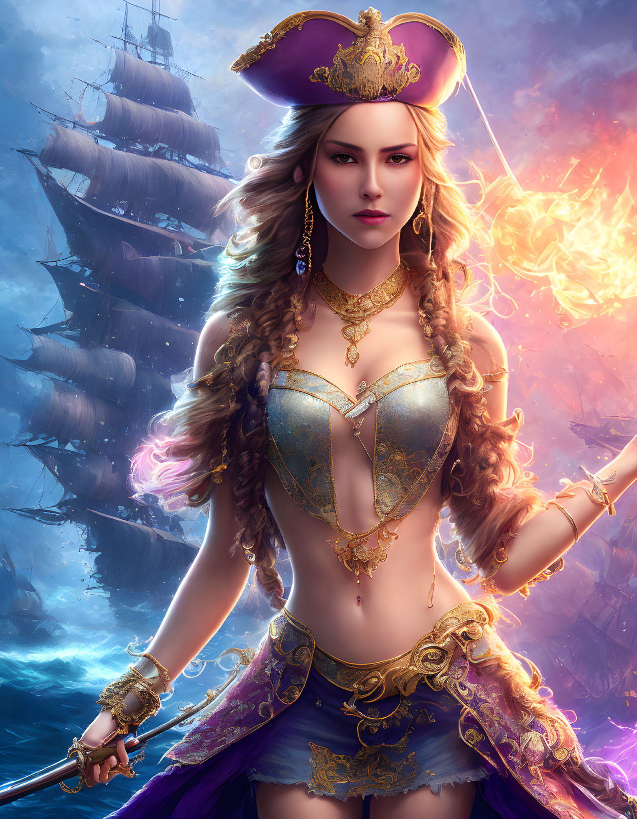 Digital artwork: Pirate captain woman with sword, magical glow, ships in background