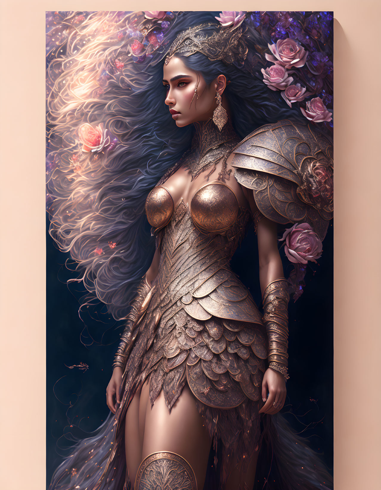 Majestic female warrior in golden armor with mystical energy and roses