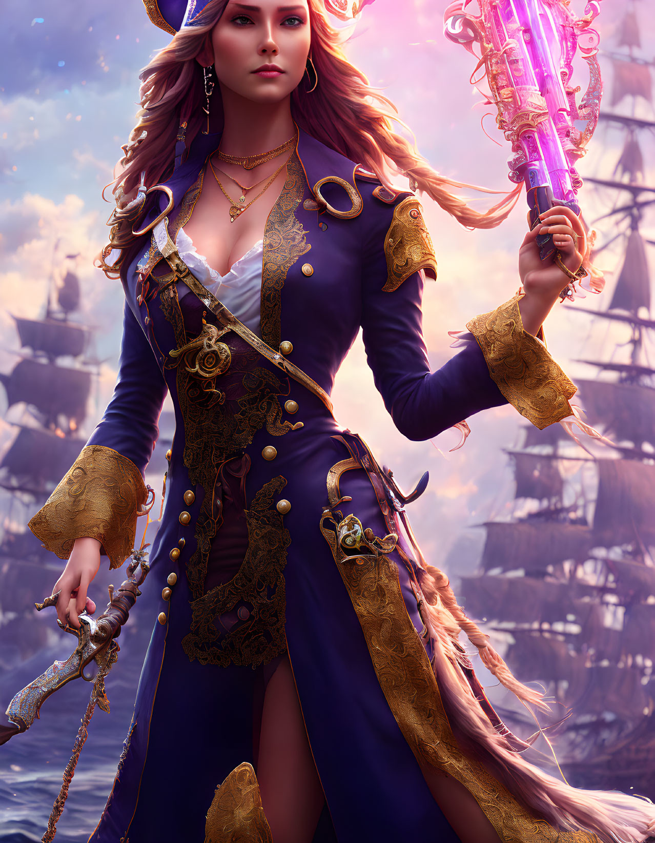 Fantasy artwork: Woman in golden-trimmed navy coat with glowing sword, ships in pink sky