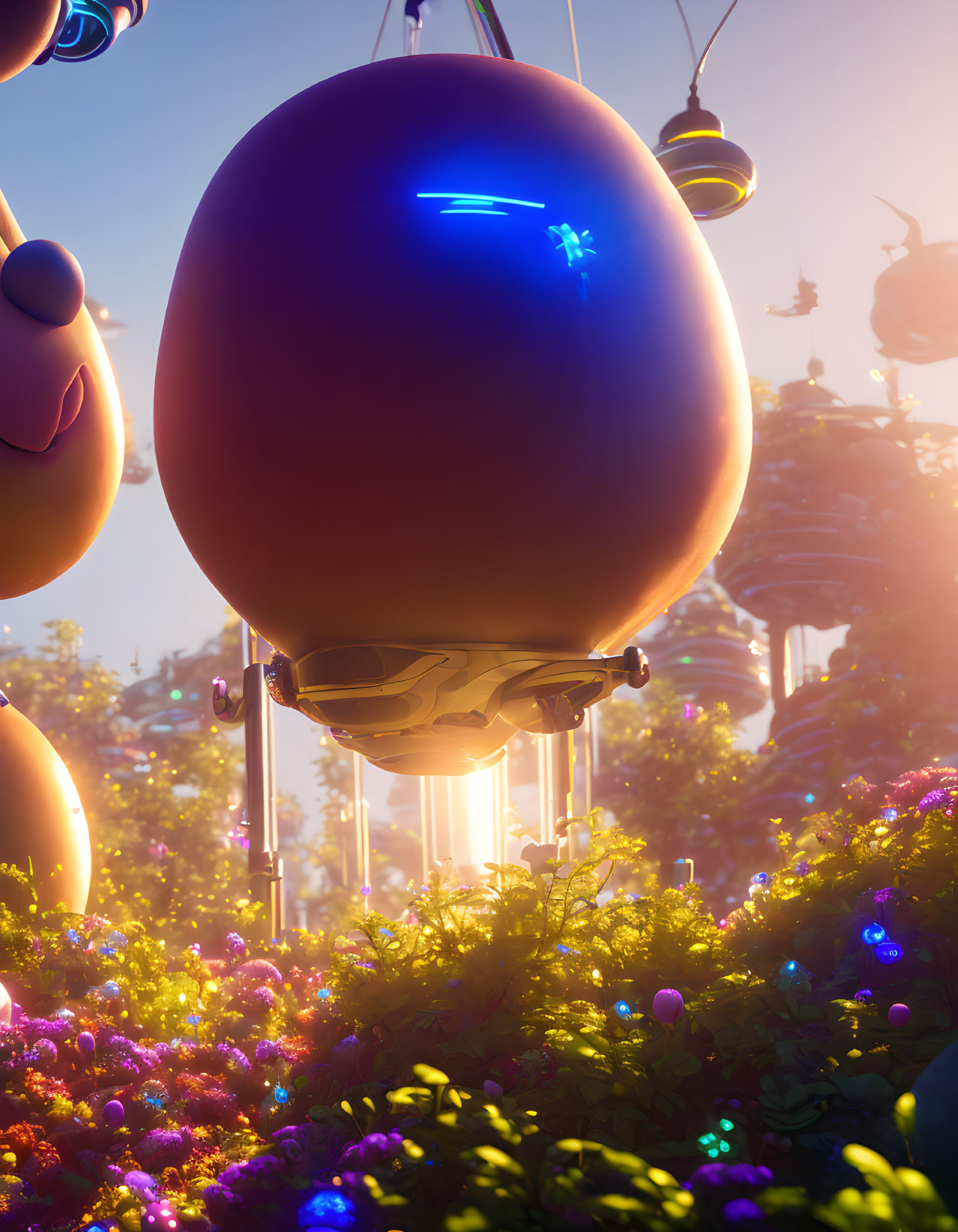 Egg-shaped flying vehicles over vibrant floral landscape