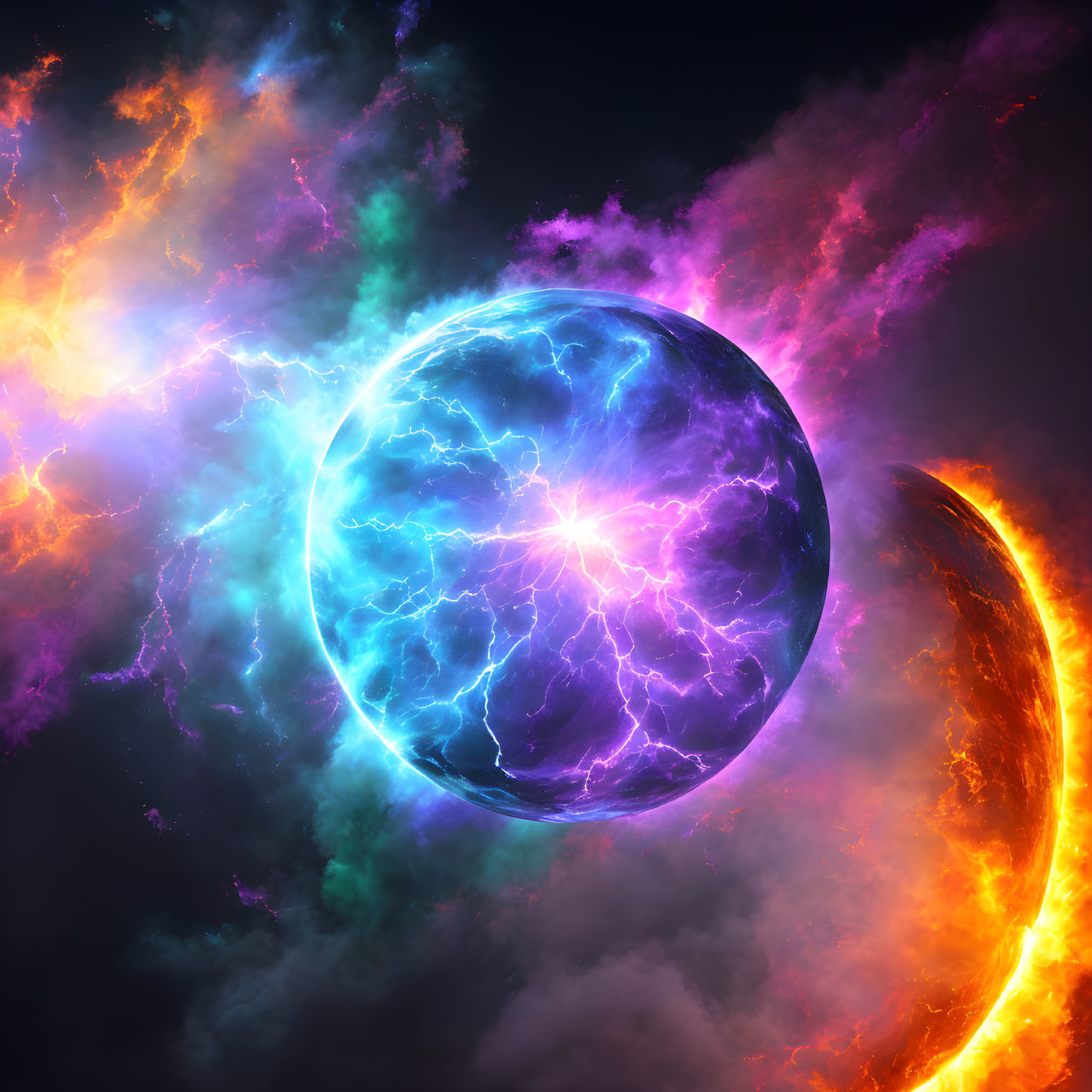 Glowing blue planet in electrified nebulae with crescent moon emitting orange light