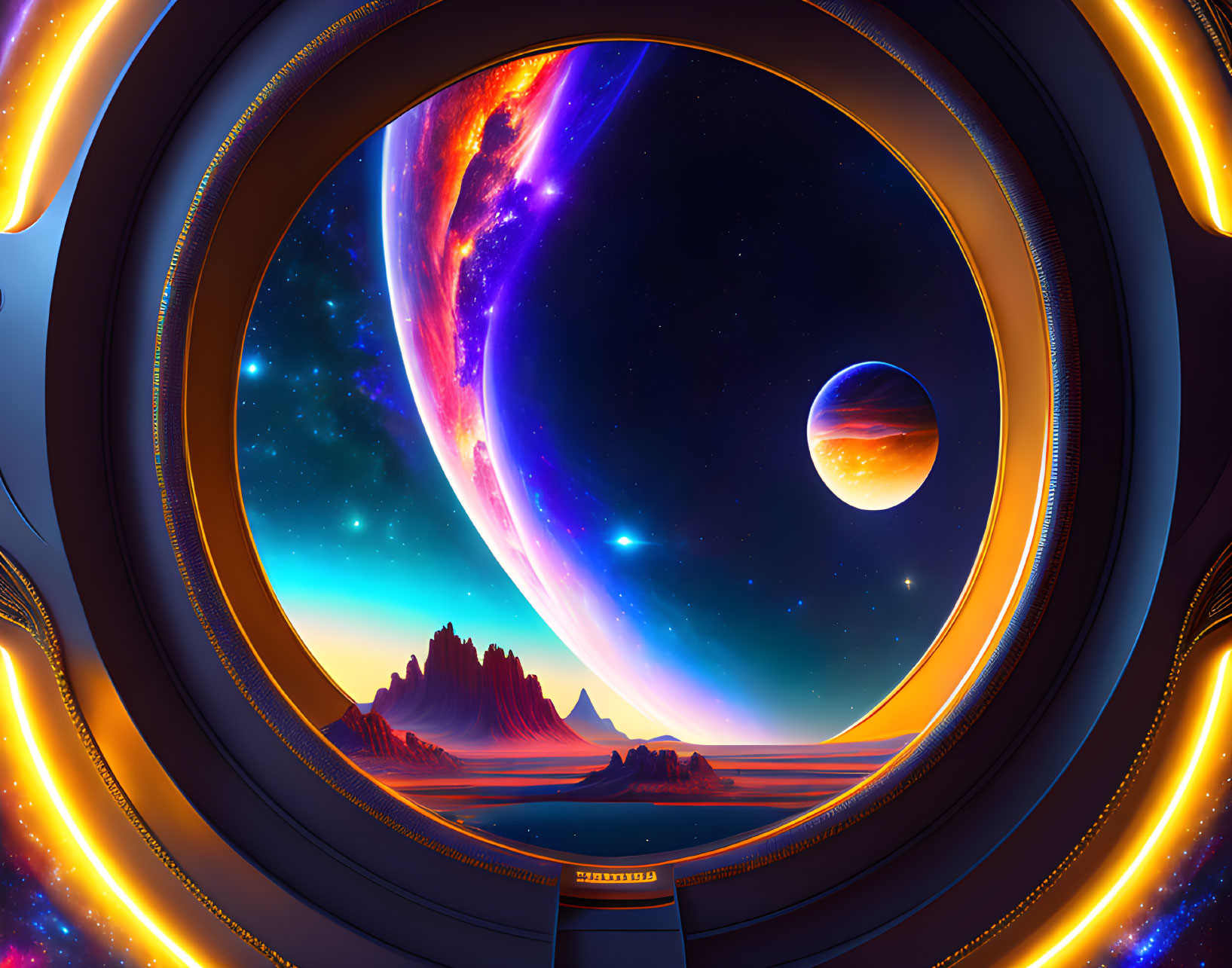 Circular Spaceship Window Frames Colorful Sci-Fi Scene: Nebula, Ringed Planet, Mountains,