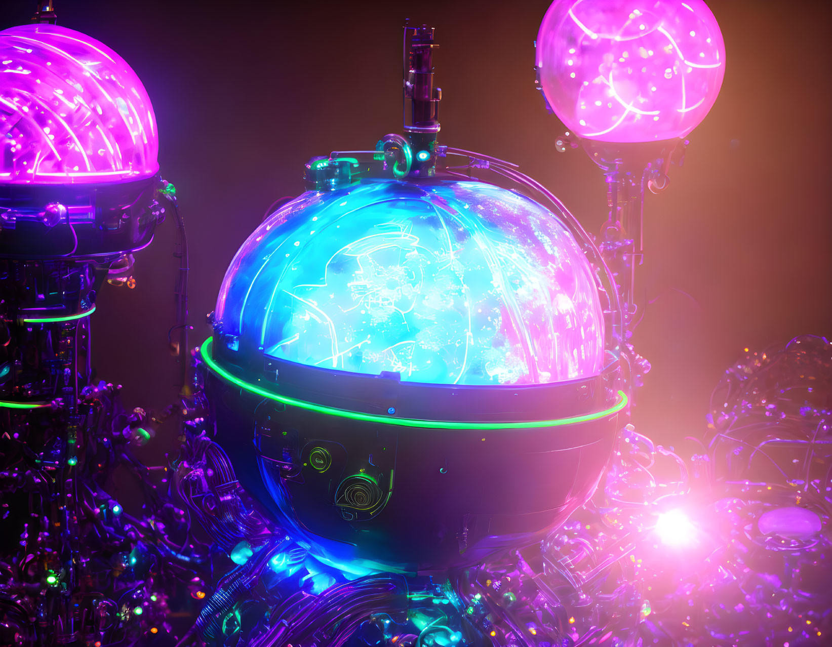 Intricate neon-lit spherical device with glowing orbs and advanced technology.