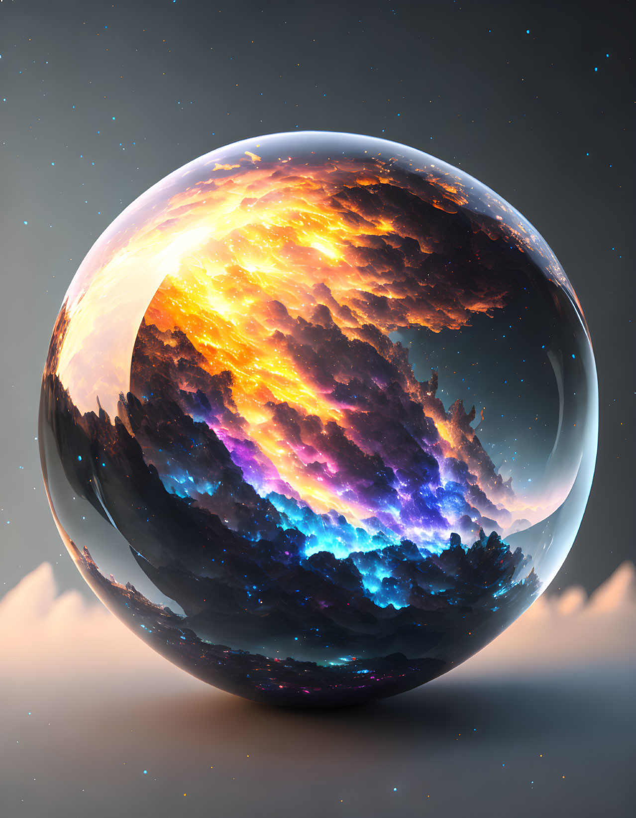 Luminous surreal orb with cosmic clouds and stars in dusk sky