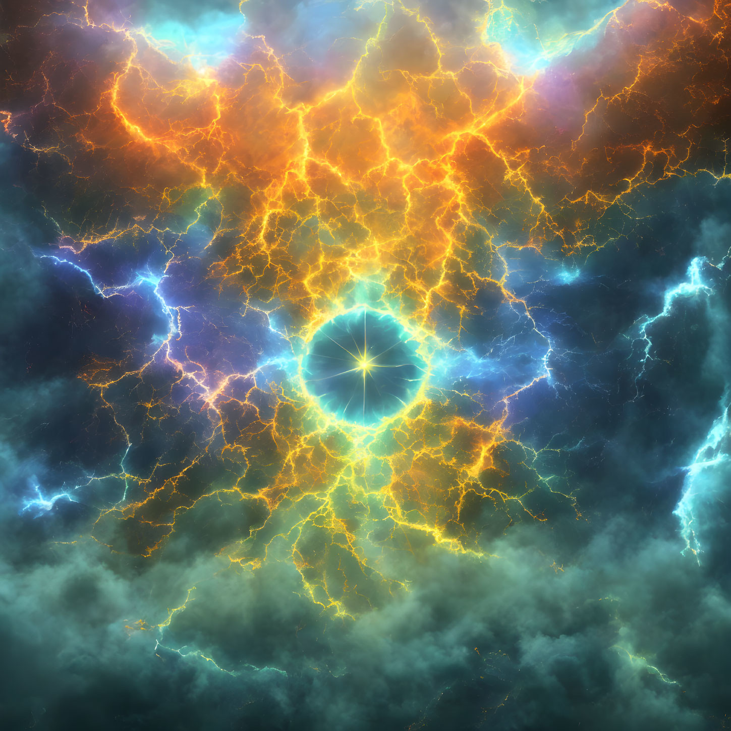 Colorful cosmic illustration with glowing eye and energy tendrils