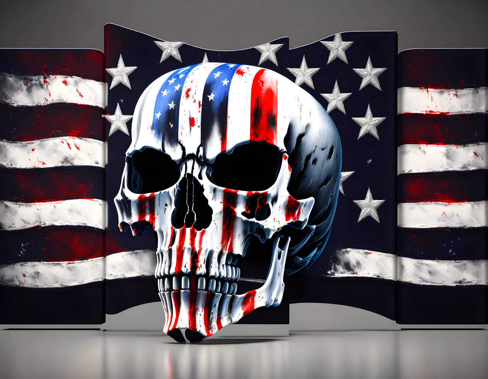 Stylized skull with American flag motif and star-spangled banner panels.