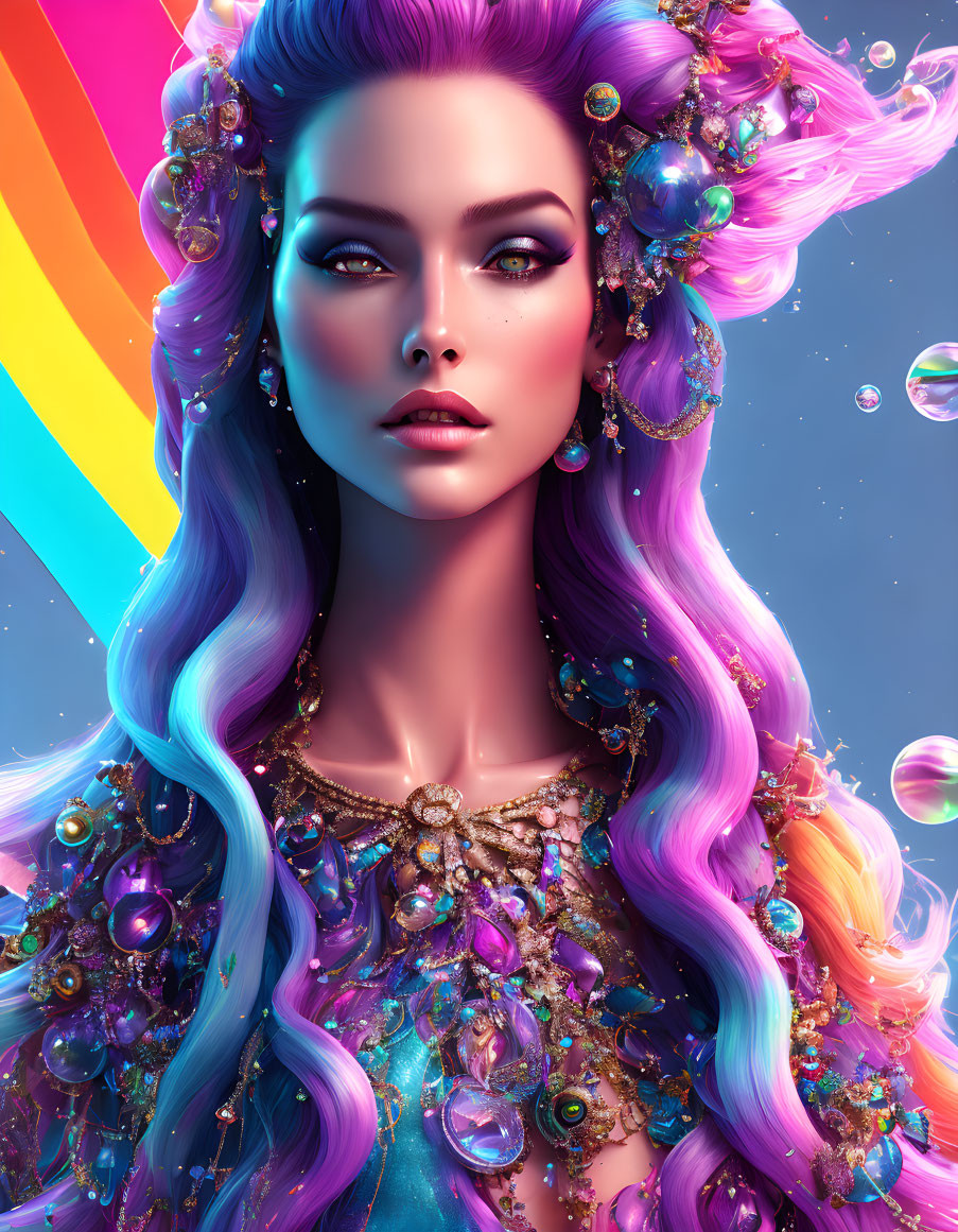 Multicolored hair fantasy portrait with pearls and bubbles on rainbow background