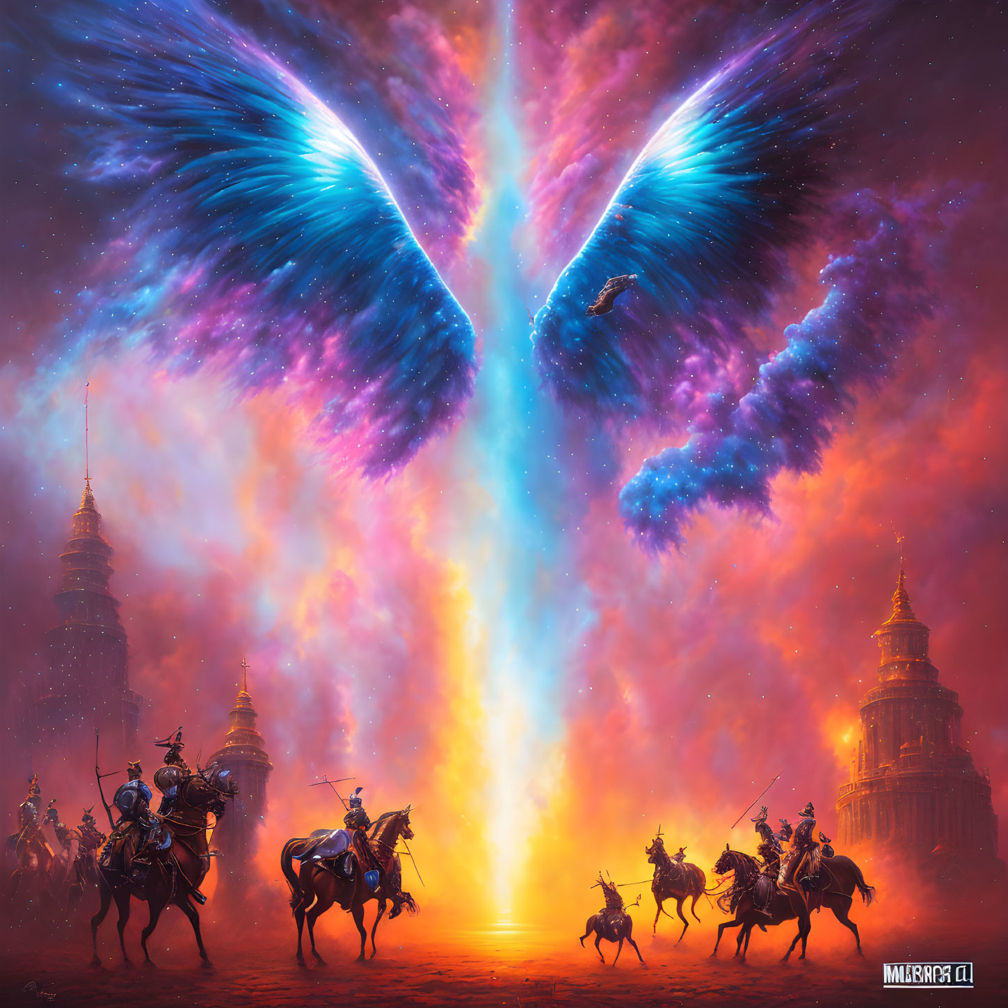 Fantasy artwork: Ethereal phoenix and armored warriors in mystical landscape