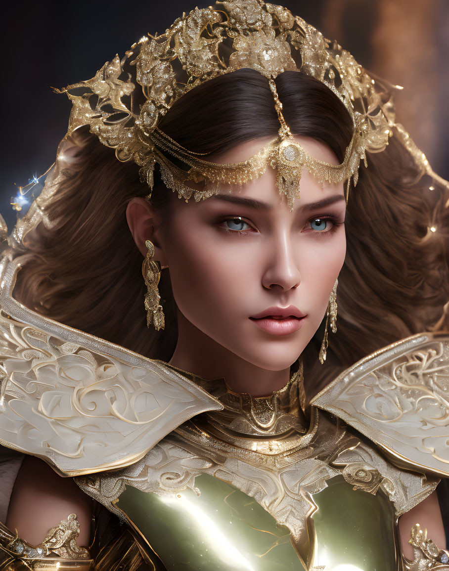 Elaborately designed golden armor portrait of a woman