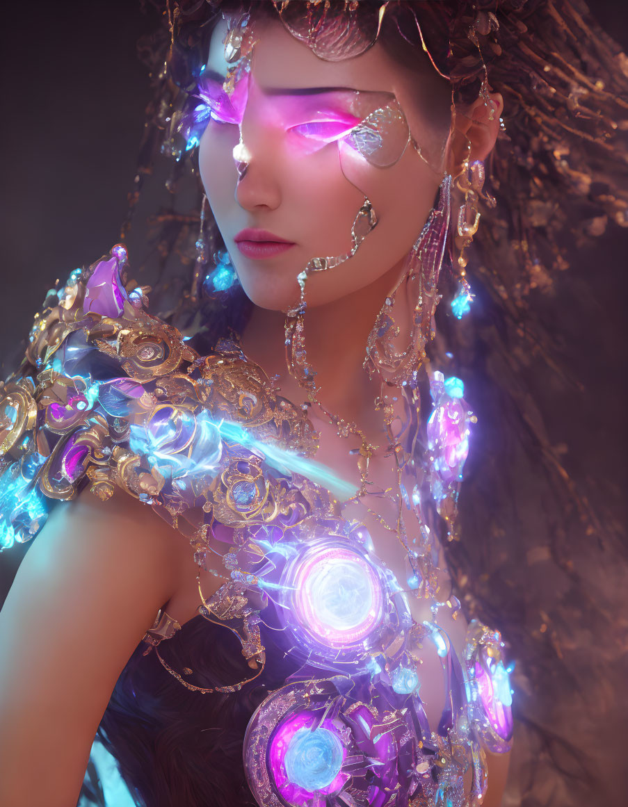 Futuristic armor woman with glowing purple elements on dark background