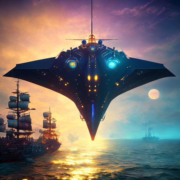 Futuristic spaceship over ocean with sailing ships under sunset sky