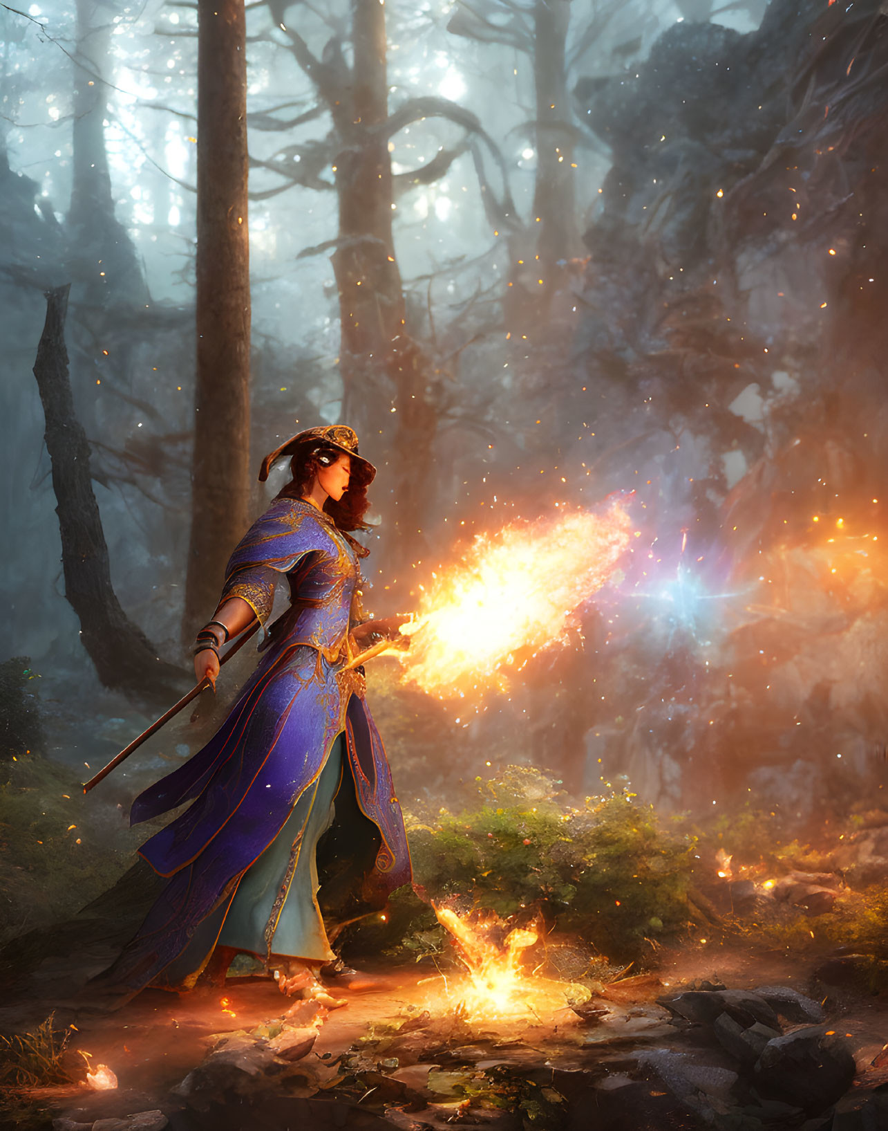 Blue-armored warrior casting spell in mystical forest with piercing light.