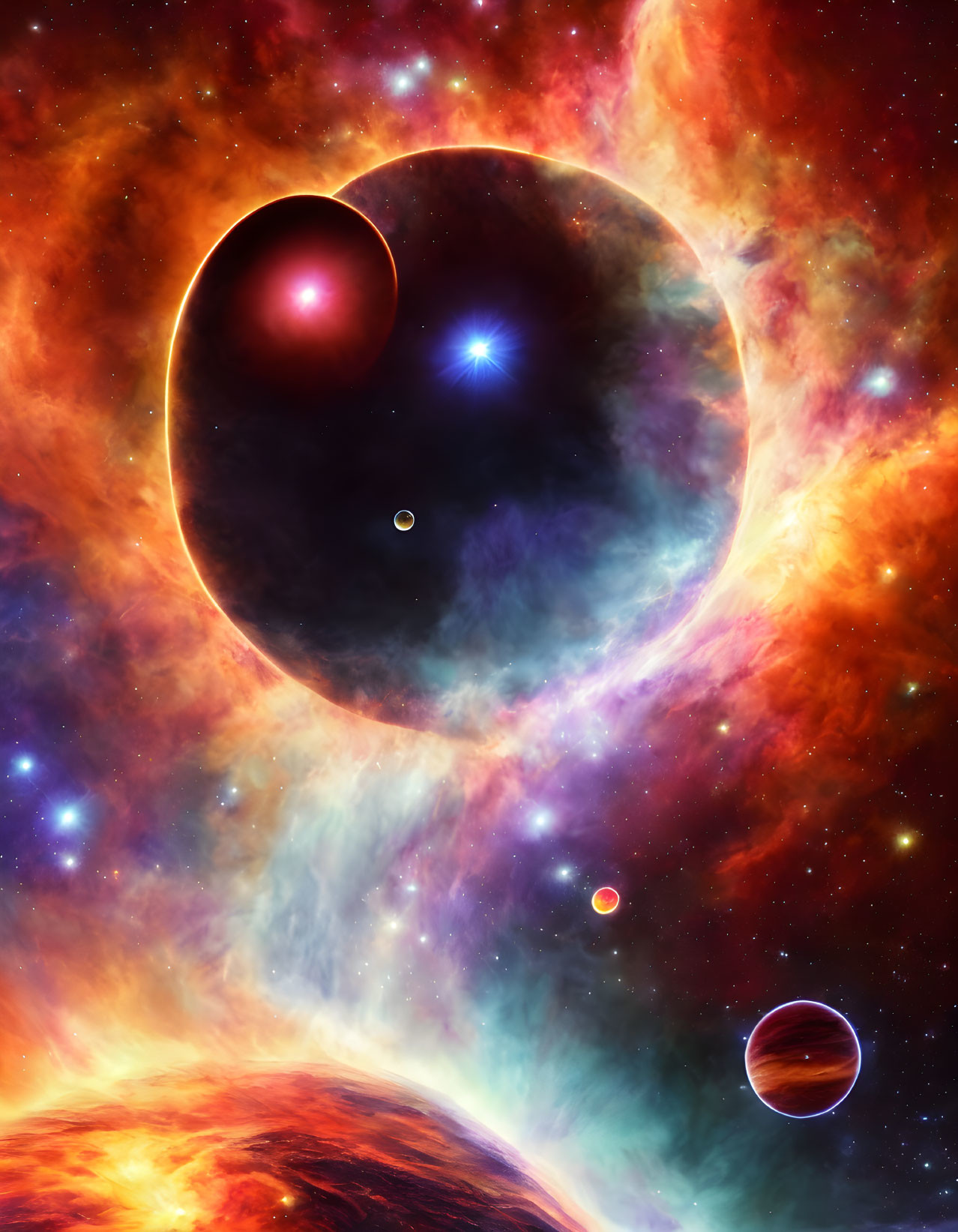 Large eclipsing planet with contrasting stars and nebulous clouds in orange, red, and blue hues