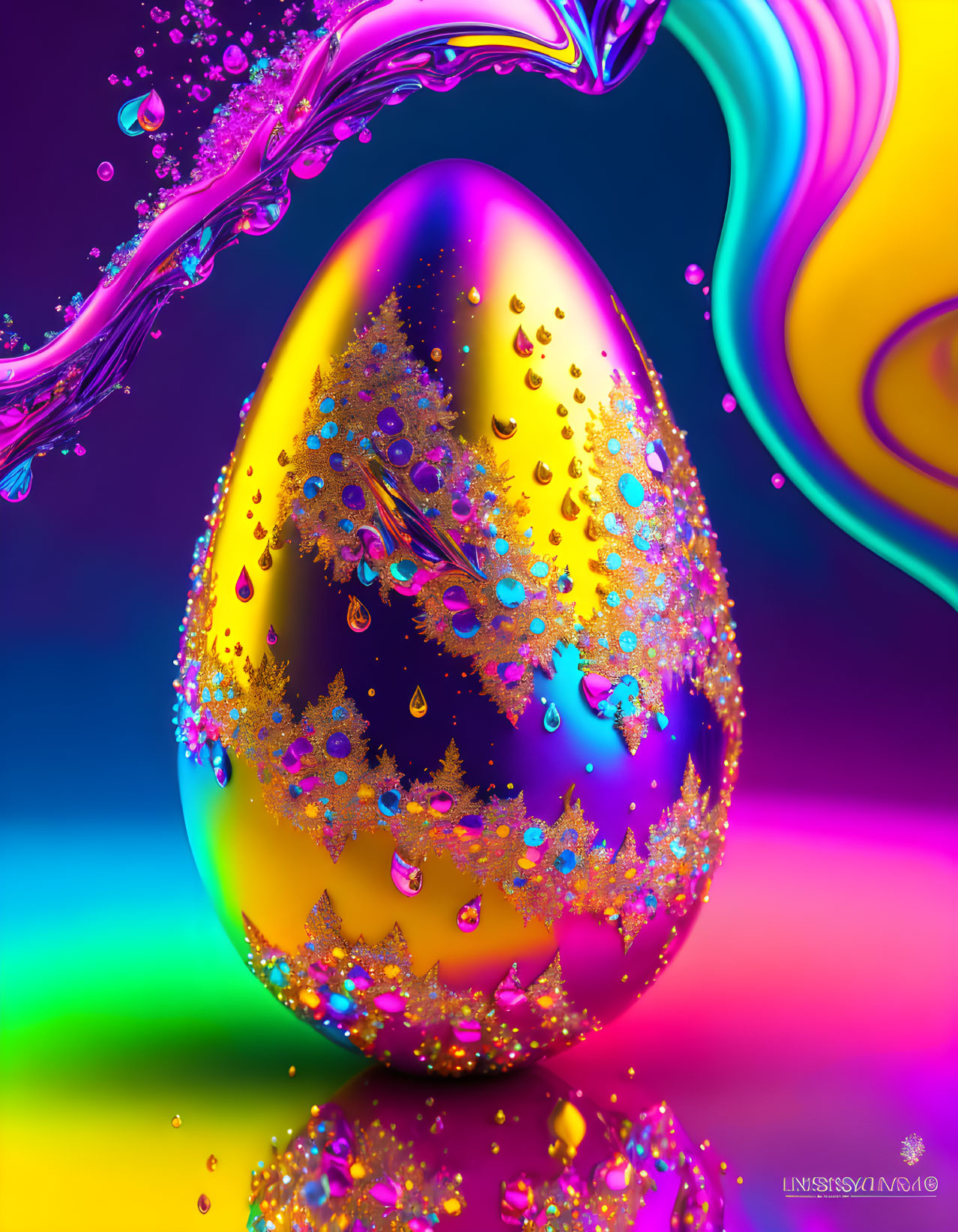 Colorful Digital Art: Golden Egg with Jewels and Iridescent Liquid