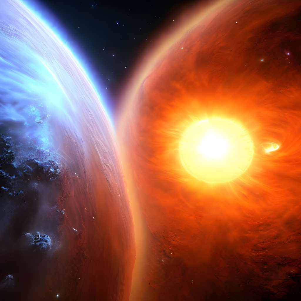 Colorful space scene with star, blue planet, and red celestial body