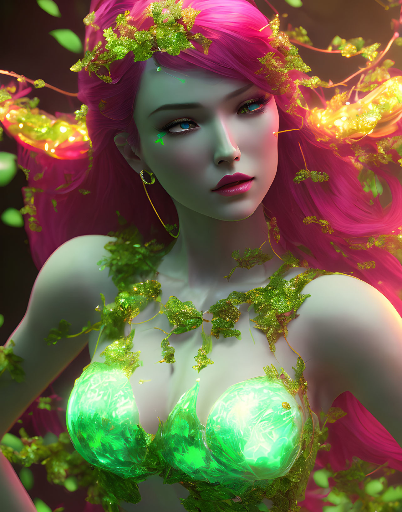 Fantasy character with pink hair, leafy crown, glowing lights, and leaf-patterned garment