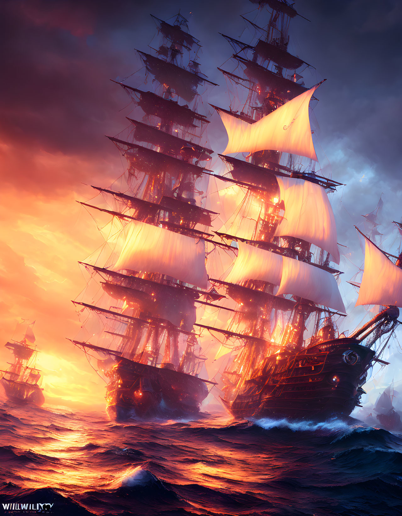 Tall Ships with Full Sails on Tumultuous Seas at Sunset