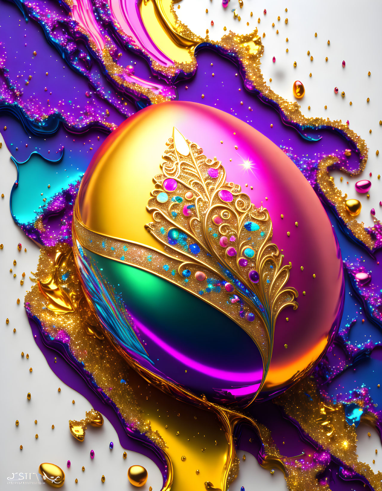 Colorful Easter egg with golden leaf pattern in digital art.