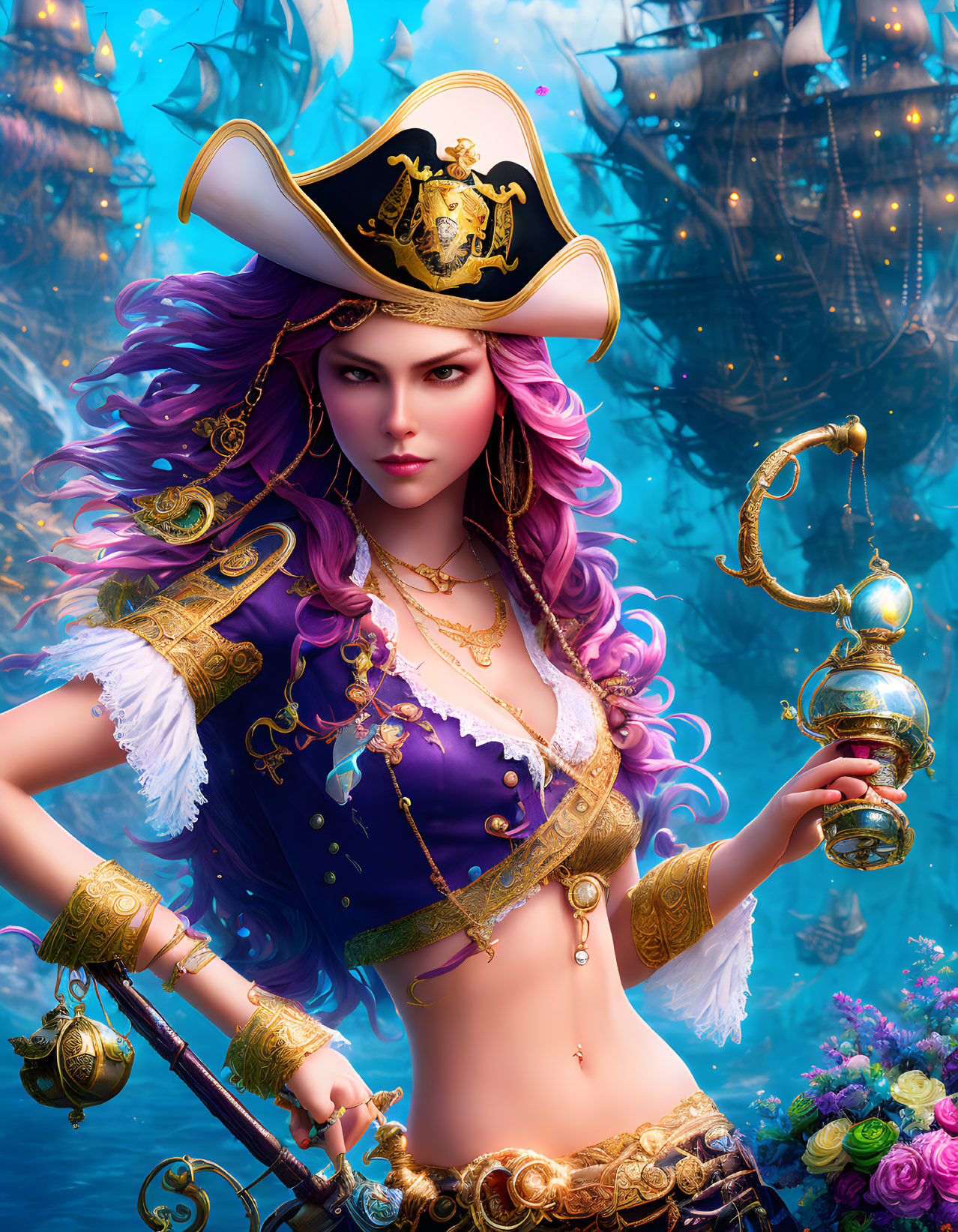 Stylized pirate woman with purple hair and flintlock pistol in ship backdrop