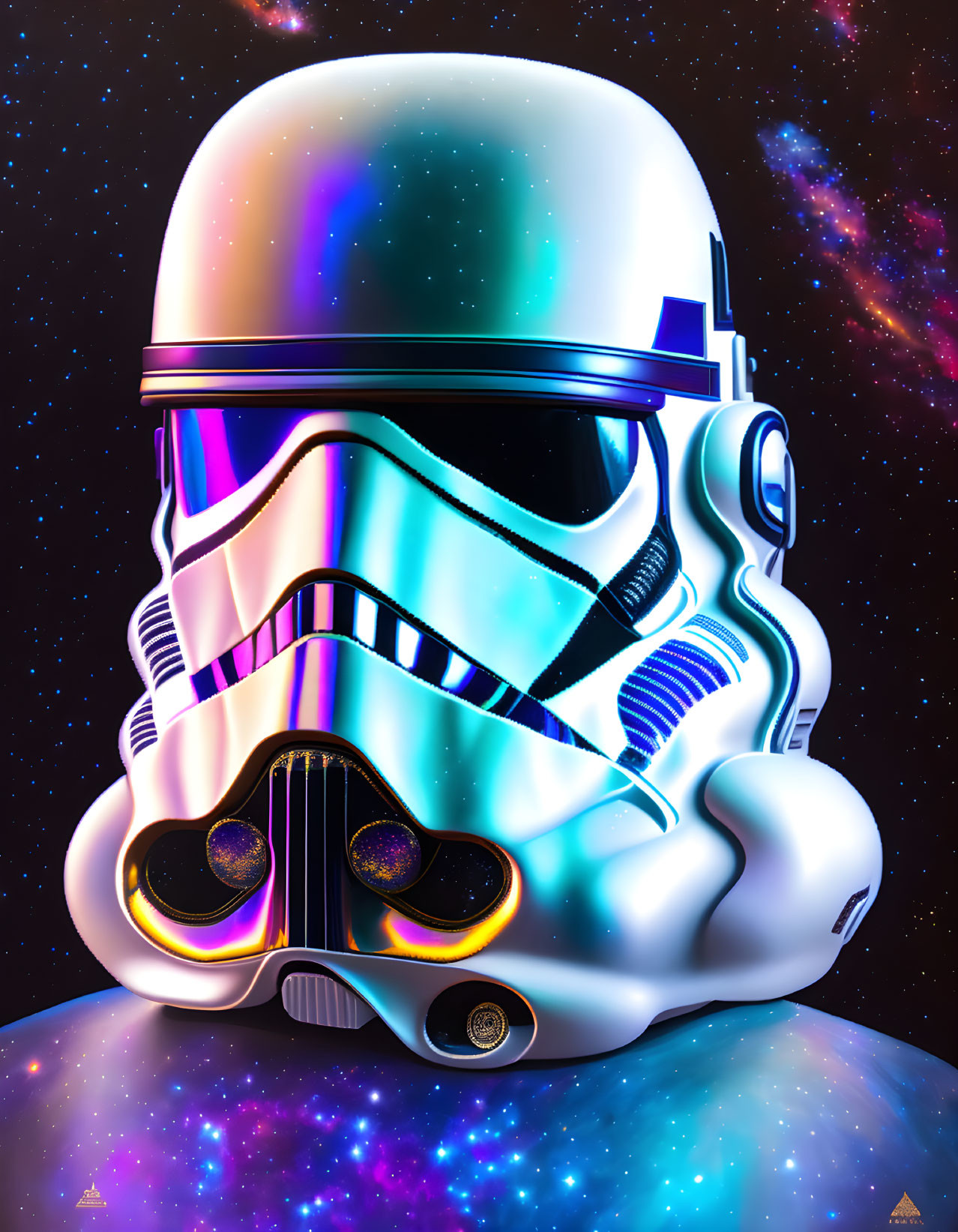 Colorful Stormtrooper Helmet Illustration in Space Theme