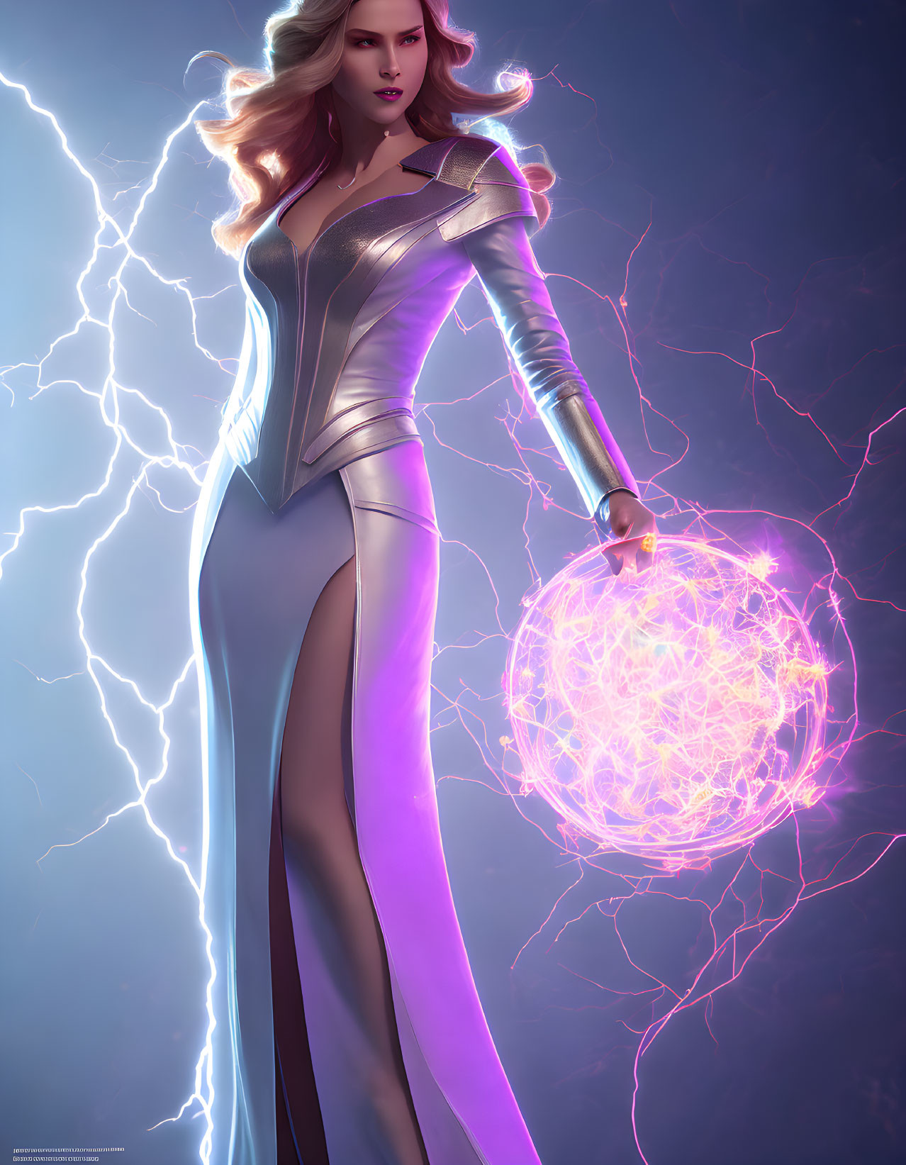 Stylized illustration of woman in silver costume with glowing orb and lightning