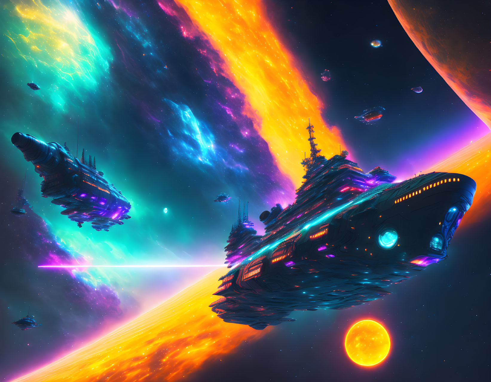 Colorful Sci-Fi Scene: Spaceships, Nebula, Orange Planet, Star