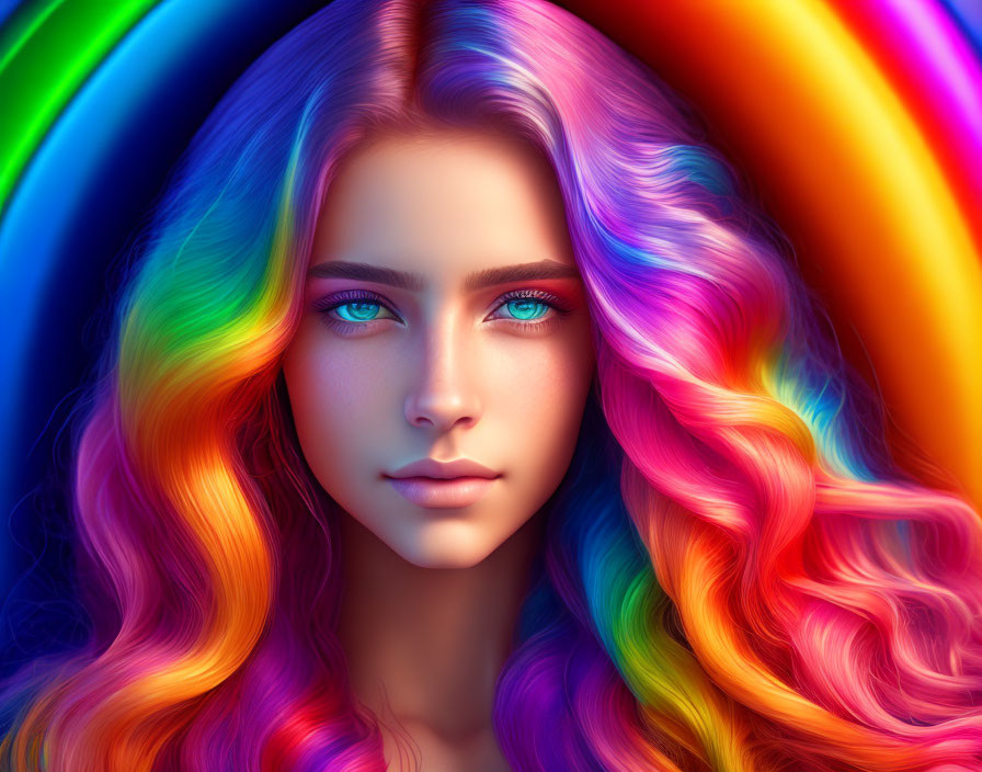 Vibrant digital portrait of woman with rainbow hair and blue eyes