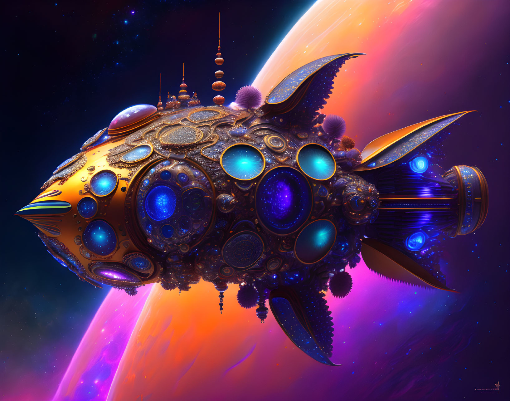 Futuristic spaceship with glowing orbs and cosmic backdrop