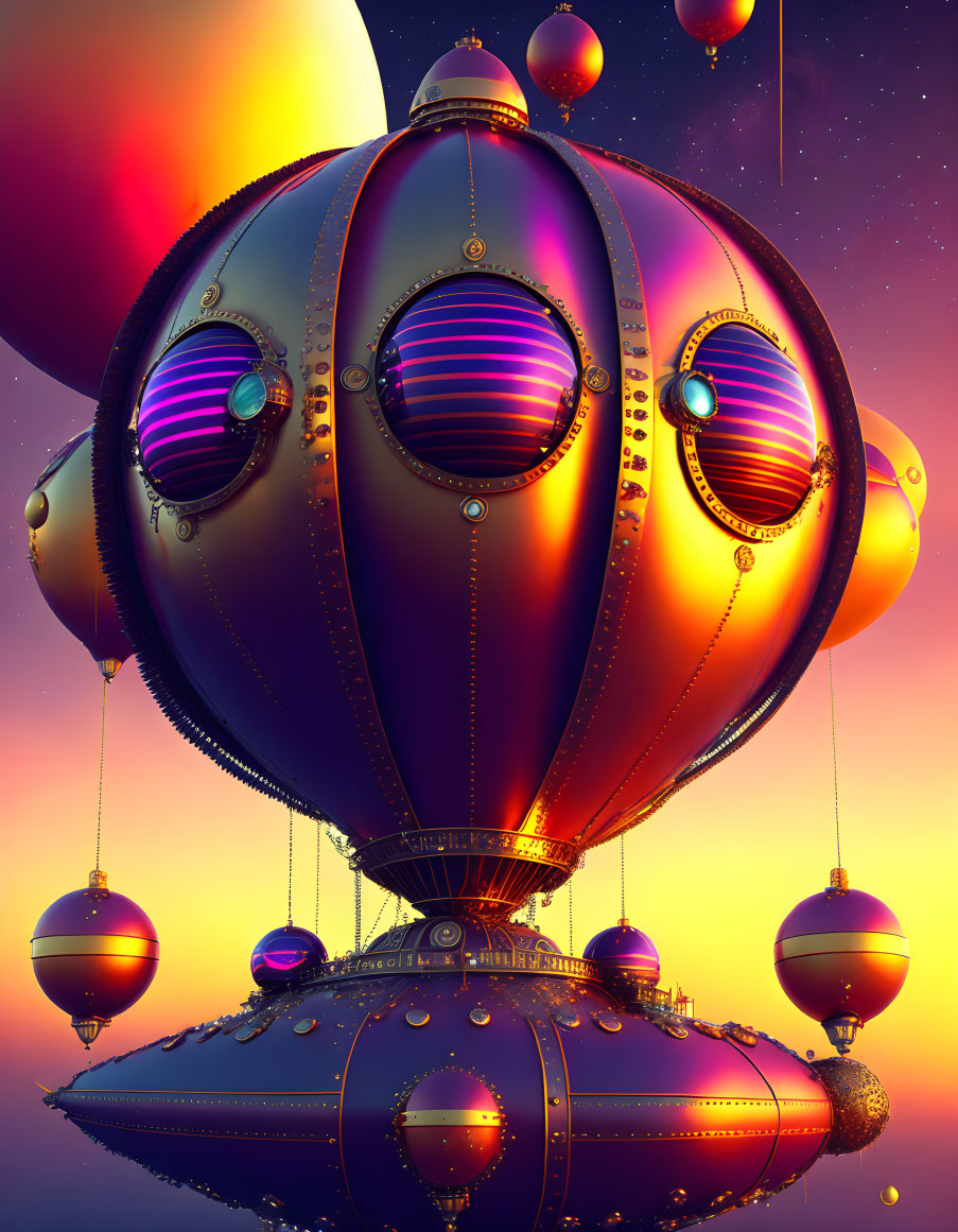 Steampunk-style airship in surreal sunset sky