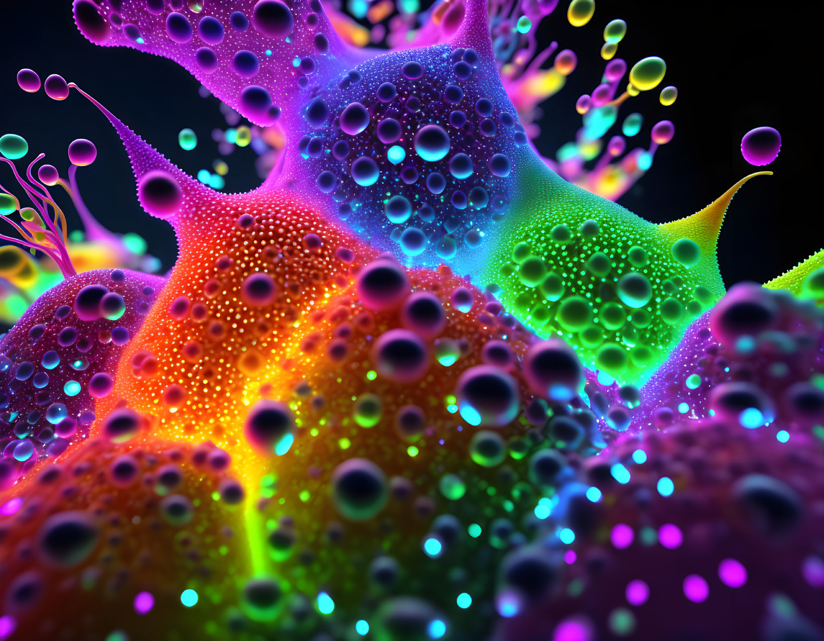 Vibrant Abstract 3D Rendering with Neon Gradient and Reflective Bubbles