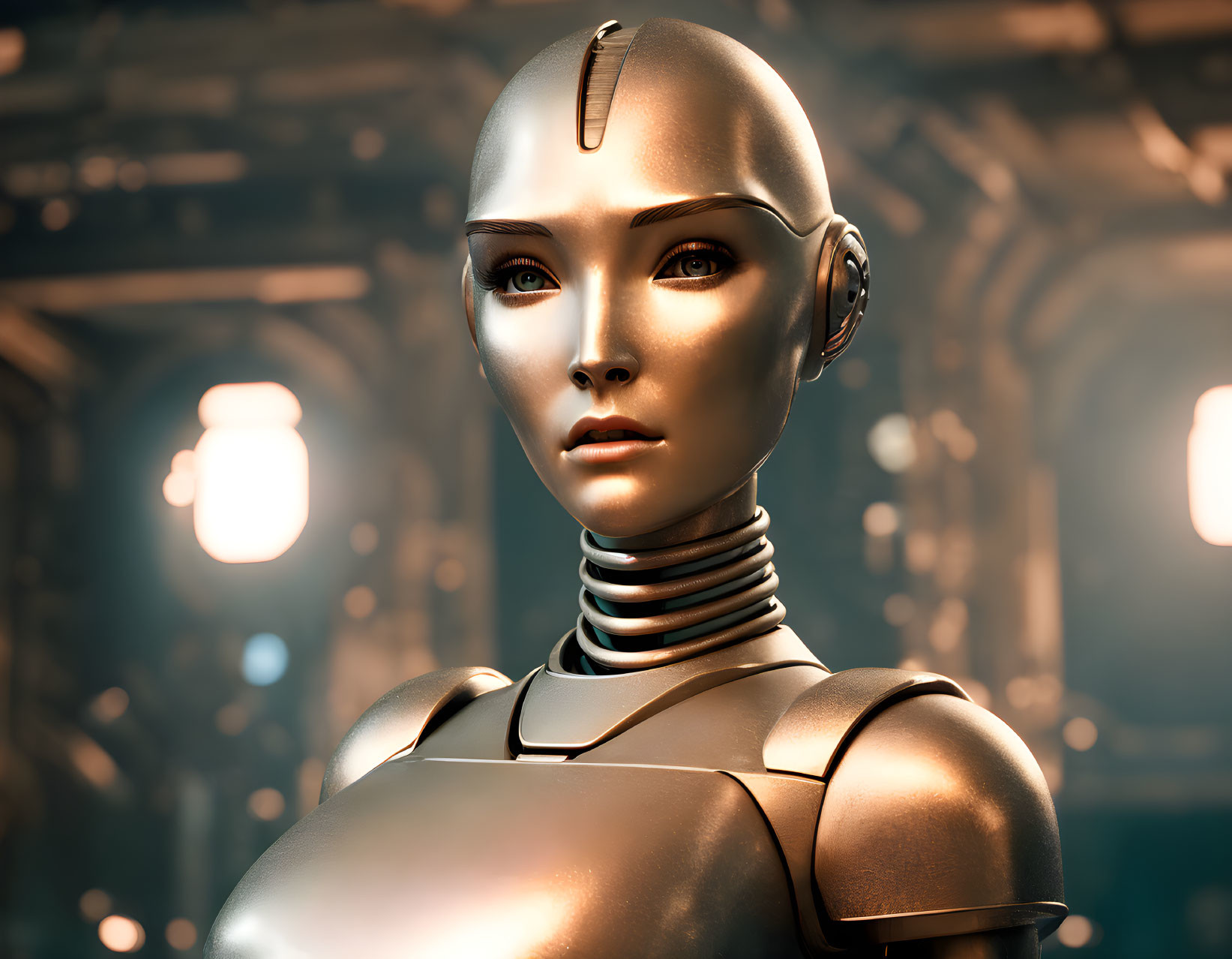 Female Android with Metallic Body in Industrial Room