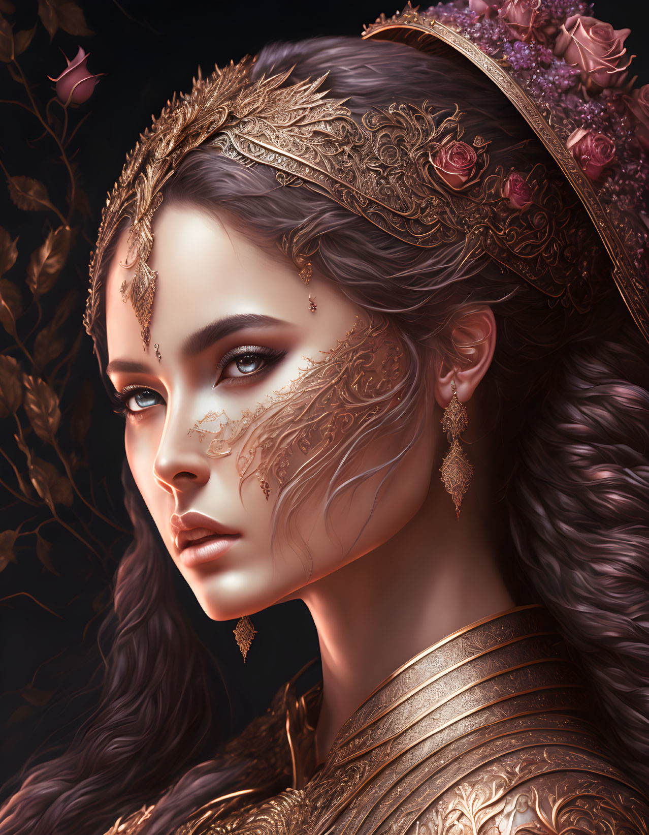 Portrait of Woman in Gold Face Jewelry, Crown, and Armor on Dark Floral Background