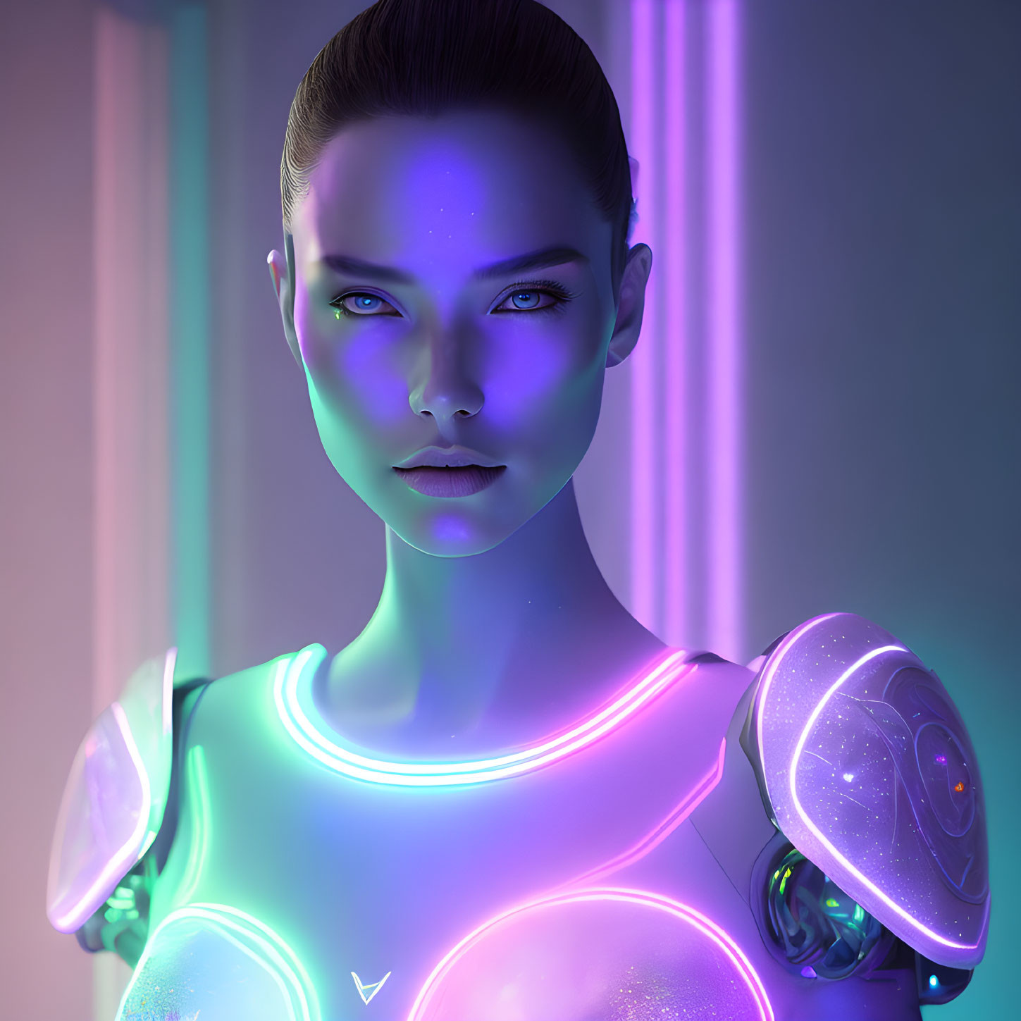 Futuristic female humanoid robot with neon lines in purple and pink lit room