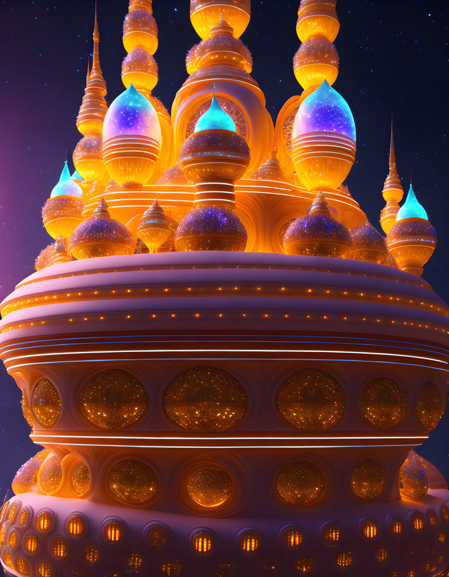 Fantasy palace under starry night sky with glowing tiers in purple, blue, and gold