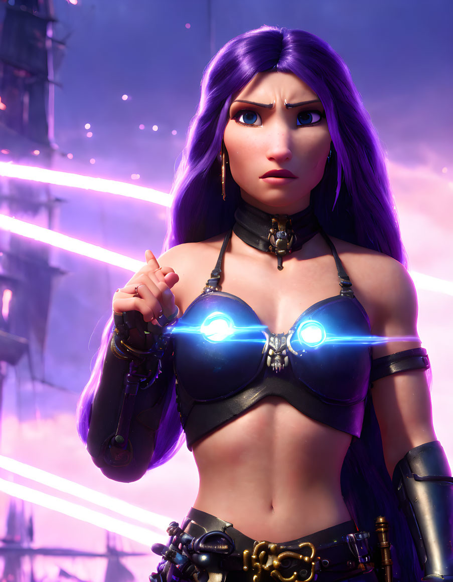 Purple-haired female character in futuristic black armor on neon-lit background