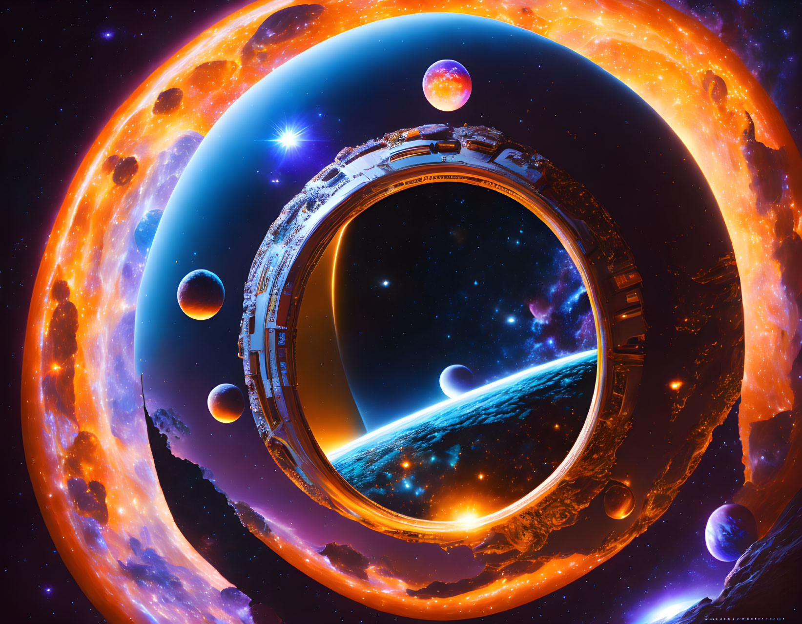 Sci-fi digital artwork: colossal ring structure orbiting Earth in cosmic scene