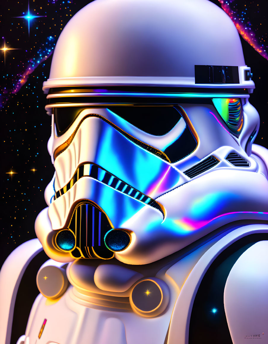 Detailed Stormtrooper Helmet Artwork with Vibrant Colors in Space