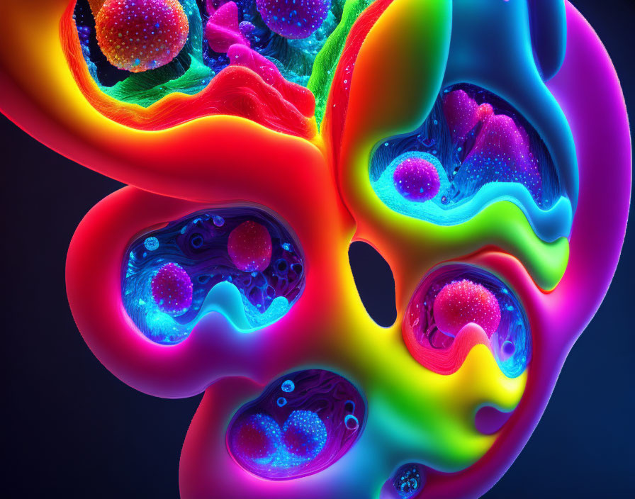 Multicolored 3D rendering of cellular structures on dark background