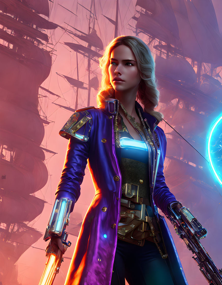 Futuristic female character in blue and purple coat with dual blasters amidst towering ships