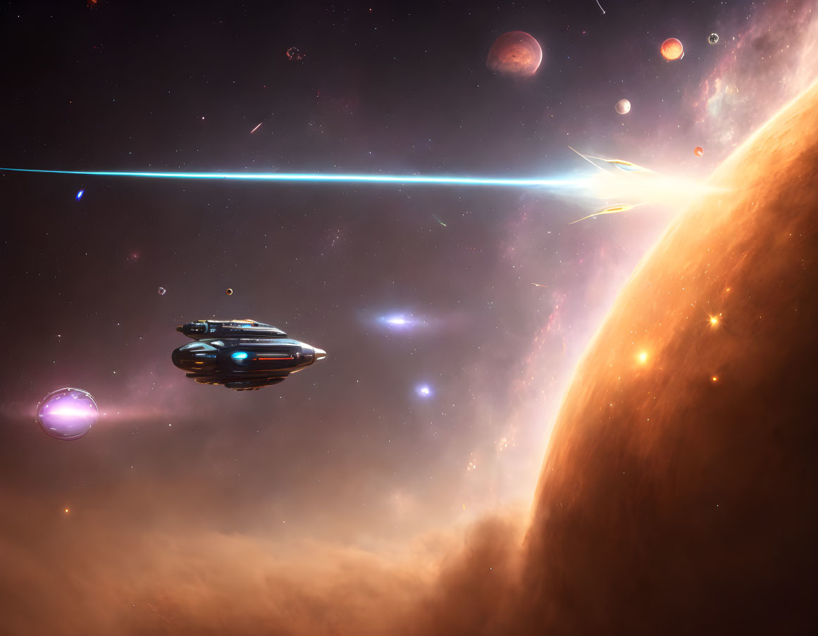 Spaceship firing beam near large sun, planets and second spaceship in starry cosmos.