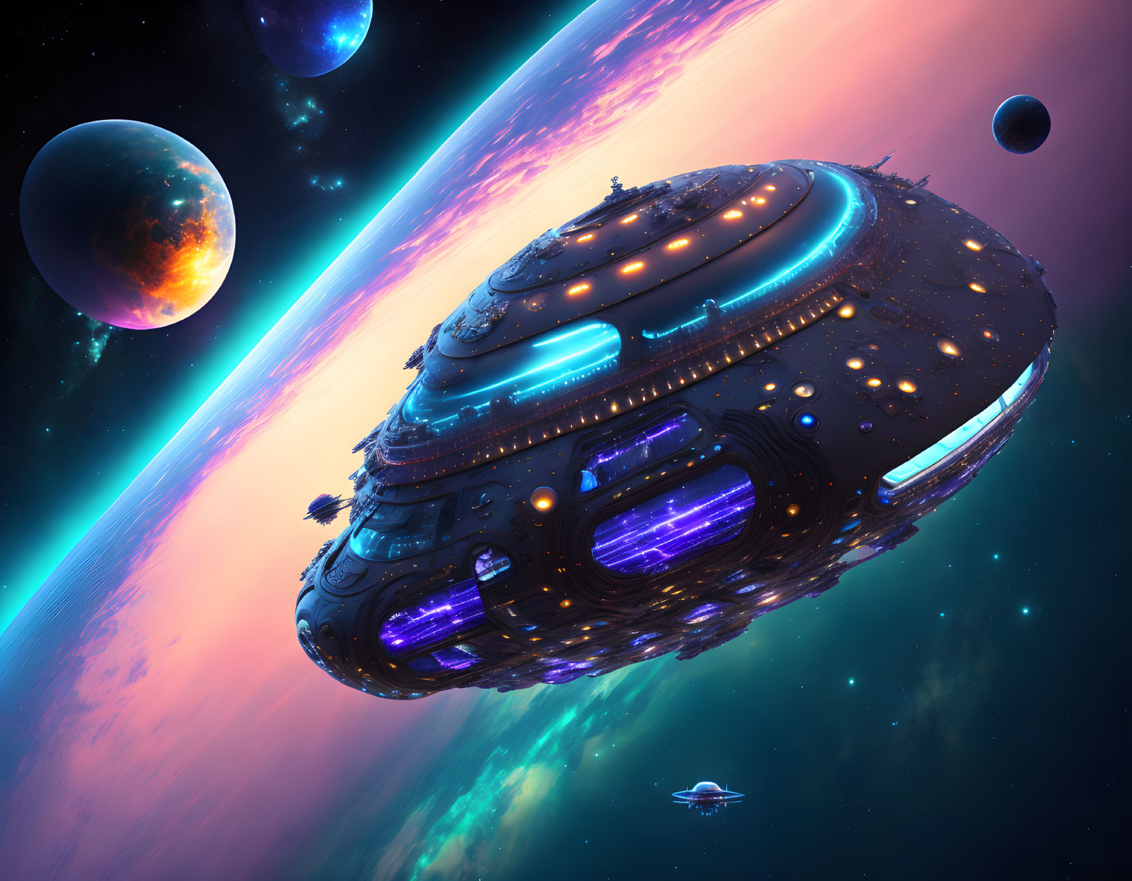 Futuristic spaceship with blue and orange lights in space near colorful nebulae