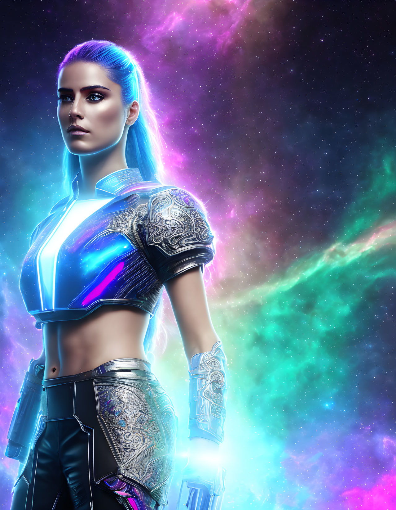 Blue-haired woman in futuristic armor under neon lights on cosmic backdrop