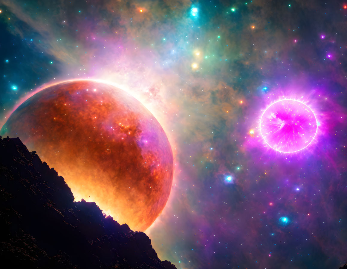 Large orange planet rising over rocky landscape with pink star in vibrant cosmic scene