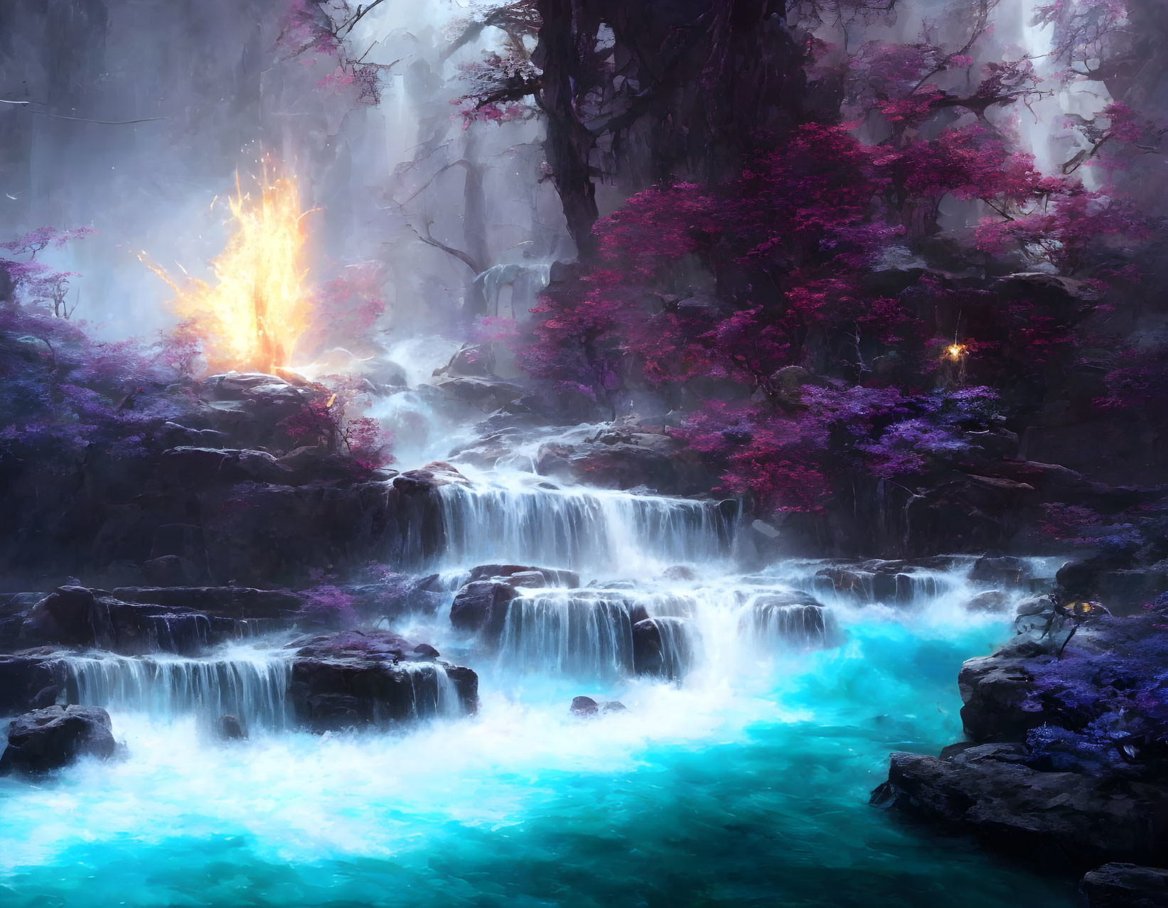 Vibrant blue waterfall among purple rocks under pink foliage and orange light