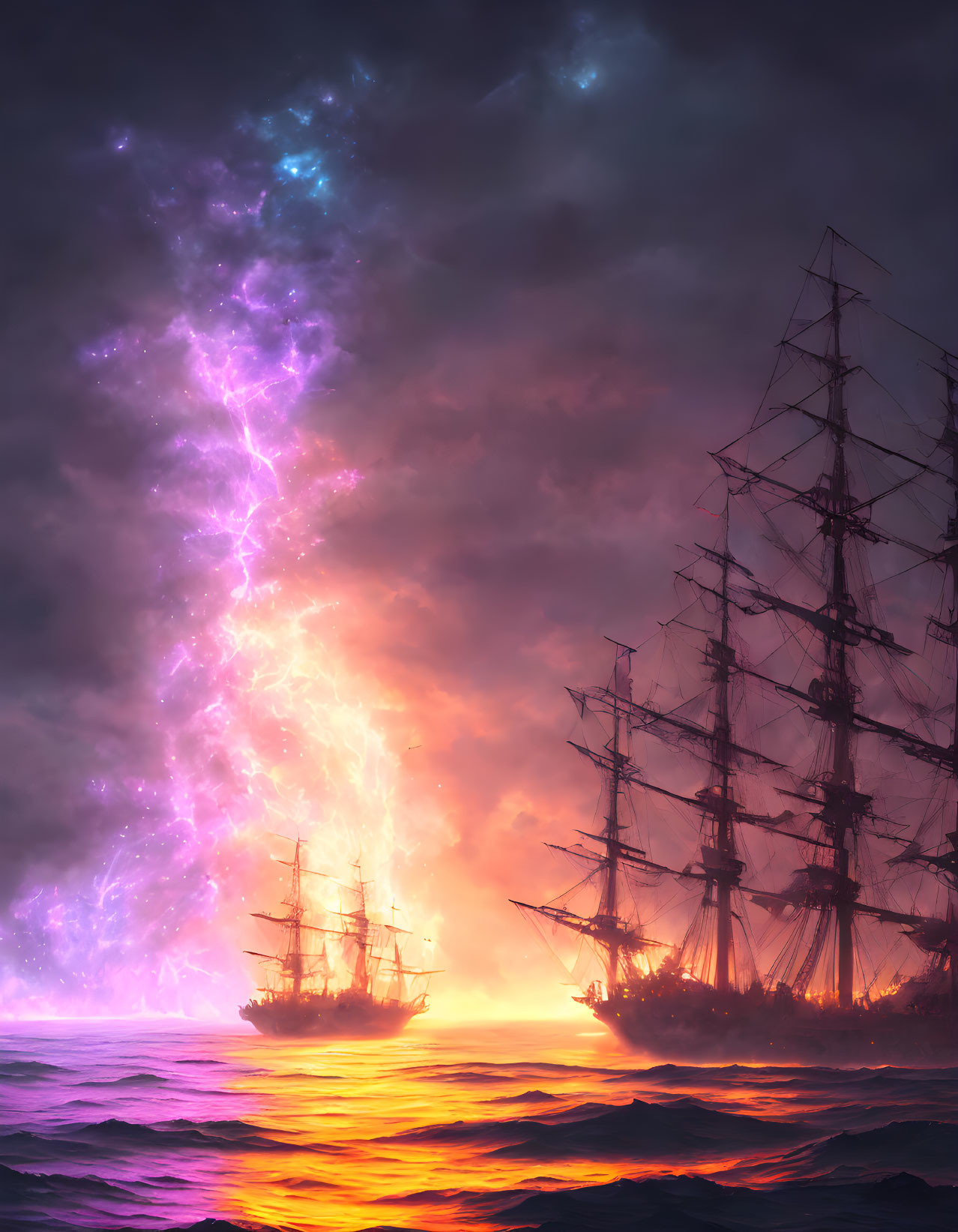 Historic sailing ships on turbulent sea under dramatic cosmic sky