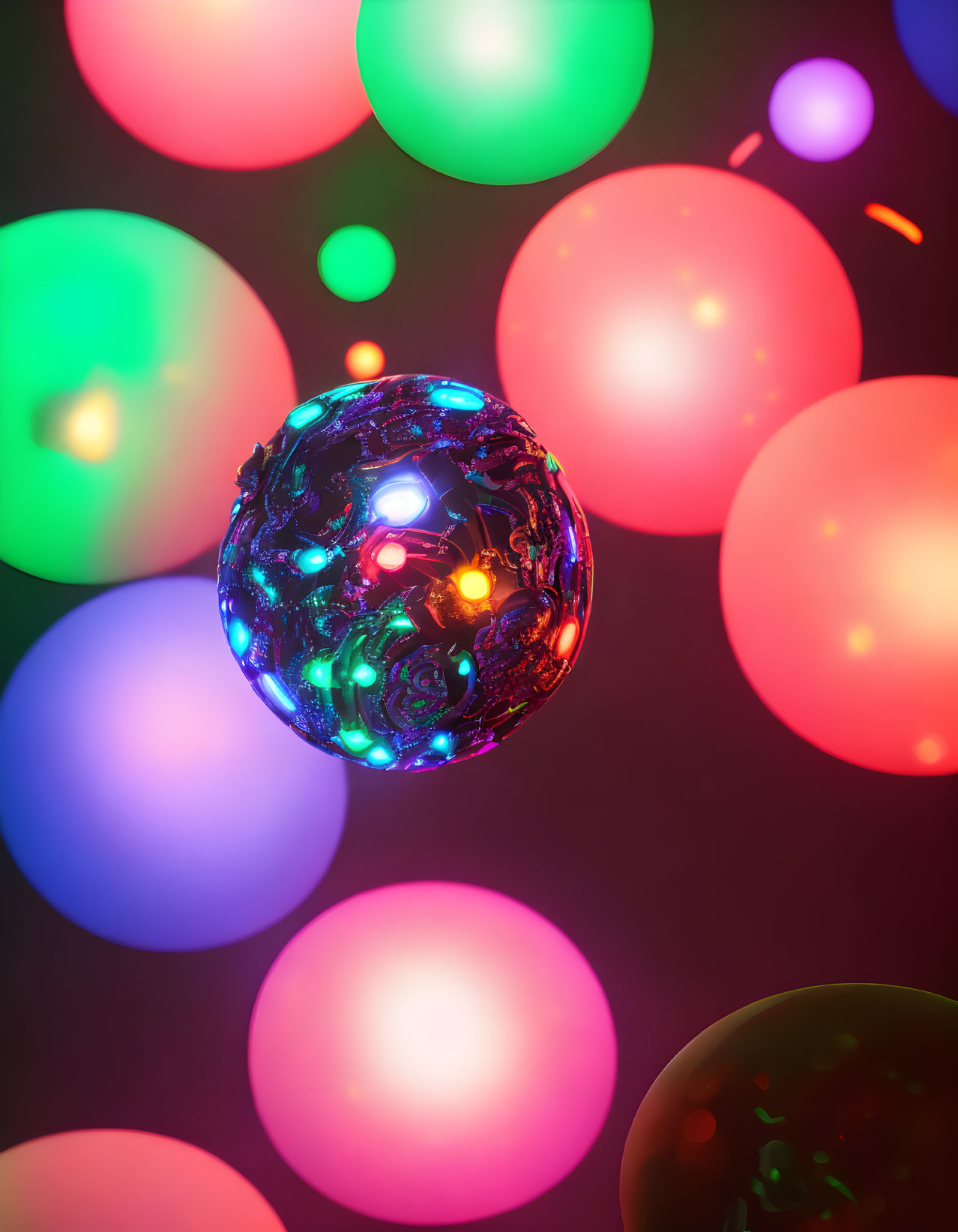 Colorful lights reflect on shiny sphere in dark background