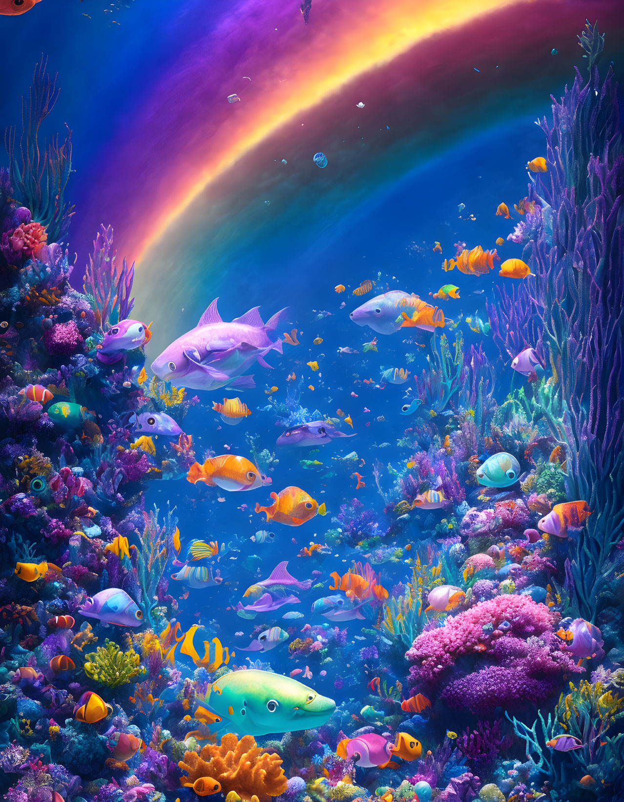 Colorful Fish and Coral in Rainbow-Lit Underwater Scene